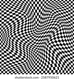 Illusion abstract black and white background. Chess concept 3d texture. Damage wavy pattern with the distorted effect. Racial flag for various sports. Vector illustration.