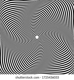 Illusion Abstraktes schwarz-weißes kreisförmiges Muster. Illusion der Wirbelbewegung. Geometrisches Muster mit visuellem Verzerrungseffekt. Optische Illusion. Op Art.
