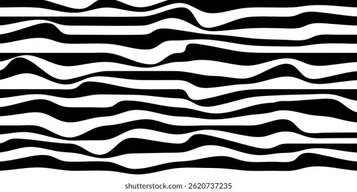 Illusion black and white waves or texture background. 3d distorted structure backdrop. Pattern with curve lines. Vector illustrations.