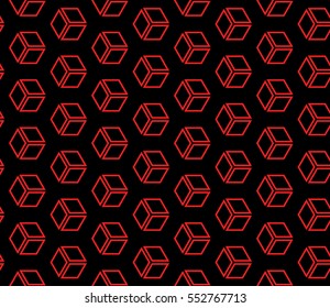 Illusion Cube Patterns. Modern Geometry ornament. Seamless Vector illustration. Decorative texture for design wallpaper, web page, banner, flyer. black, red color