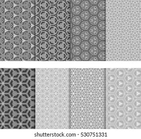 Illusion Cube Patterns Set. Modern Geometry ornament. Seamless Vector illustration. Decorative texture for design wallpaper, pattern fills, web page, banner, flyer.