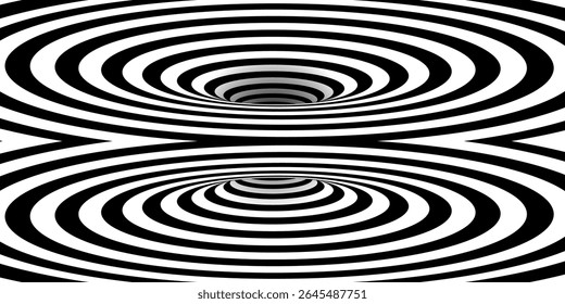 Ilusão representando dimensões espaciais contorcidas um buraco de minhoca apresentando pontos de entrada e saída como um bg monocromático. Túnel óptico abstrato com efeitos de portal 3D. Ilustração de vetor psicodélico