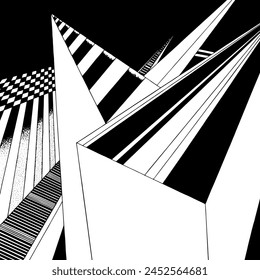 Illusion effect with white and black psychedelic background. Digital pattern with abstract line perspective lines. Optical 3d, vector. Dynamic graphic. Art motion design in retro y2k monochrome style