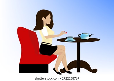 illusion a girl with brown hair, in a white blouse, a black skirt and shoes, sits at a table and drinks tea, on a white-blue background