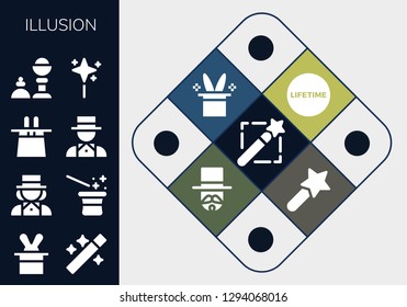  illusion icon set. 13 filled illusion icons. Simple modern icons about  - Magic wand, Magician, Wand, Magic hat, Magic trick, Lifetime