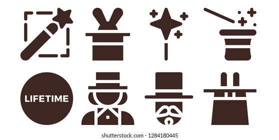  illusion icon set. 8 filled illusion icons. Simple modern icons about  - Lifetime, Magic wand, Magician, Wand, Magic hat