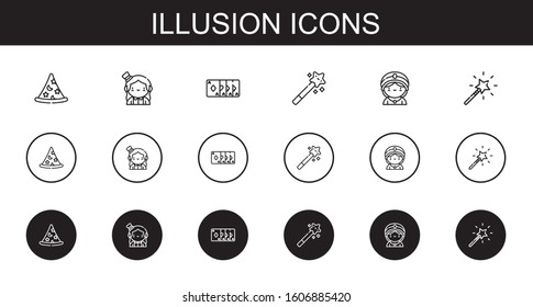 illusion icons set. Collection of illusion with wizard, magician, magic trick, magic wand, seer. Editable and scalable illusion icons.