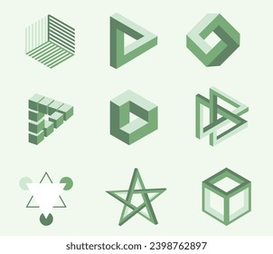 Ilusión símbolo de icono geométrico imposible óptico conjunto de ilustraciones completas