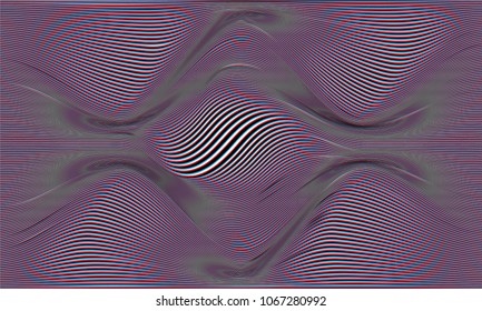 Illusion pattern. Stripes black and white optical illusion, abstraction of lines. Stylization of zebra strips, animalistic abstraction. Wave distortion effect with glitch effect, stereo effect.