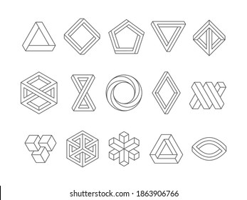 Illusion shapes. 3d geometrical infinity loop triangles hexagon impossible perspective vector abstract logo templates