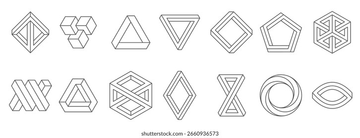 Formas de ilusión Triángulos de bucle de infinito geométrico 3D Hexágono Perspectiva imposible Vector Abstracto