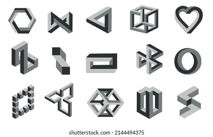Illusion Shapes. Impossible Figures And Optical Delusion Collection. Distorted Visual Perception. Amazing Graphic Tricks. Isolated Unreal Symbols. Vector Looped Geometric Forms Set