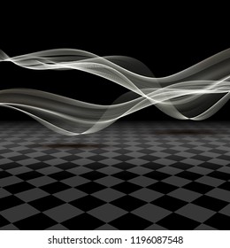 
The illusion of space, the abstraction of white waves with a shadow on a chessboard