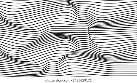 Illusion texture or background. 3d distorted wave pattern with the black and white lines. Big data visualization. Vector illustrations.