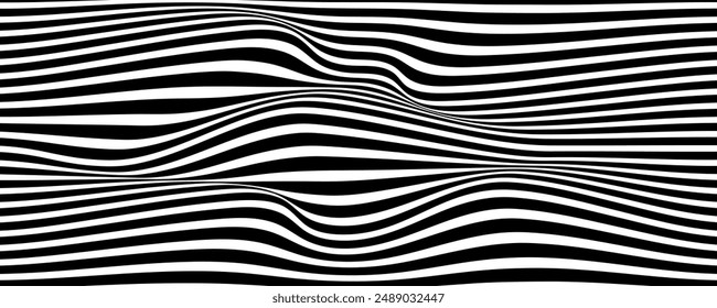 Illusion texture or background. 3d distorted wave backdrop. Pattern with the black and white lines. Big data visualization. Vector illustrations.