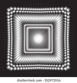 Illusion. Three-dimensional image stretching into the distance. Black-and-white mehrany gradient vector picture.