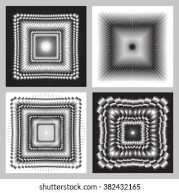 Illusion. Three-dimensional image stretching into the distance. Black-and-white mehrany gradient vector picture. Set of 4 elements