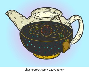 Illusion, the universe is brewing in a teapot. Sketch scratch board imitation.