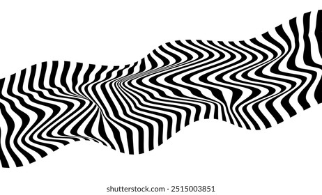 Onda de ilusão ou textura no fundo branco. Fundo de estrutura distorcida 3d. Padrão com as linhas pretas e brancas. Visualização de Big Data. Ilustrações vetoriais.