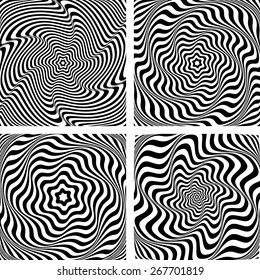 Illusion of wavy rotation and torsion movement. Op art graphics set. Vector art.