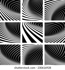 Ilusión de movimiento de torbellino. Conjunto de fondos abstractos. Arte vectorial.