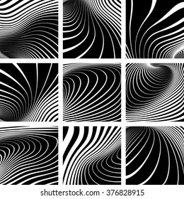Illusion of whirl movement. Lines patterns set. Vector art.