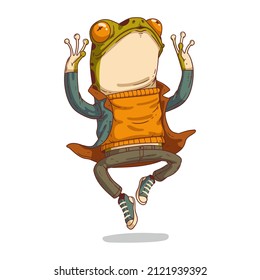 Illusionist frog, isolated vector illustration. Levitating humanized frog. Spectacular toad magician. Trendy dressed anthropomorphic frog, floating in a jump. An animal character with a human body.