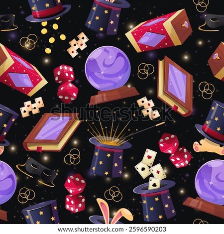Illusionist items. Magic tricks seamless pattern. Oracle prediction ball. Magician cylinder hat with rabbit ears. Cards and dice. Magical wand. Conjurors spell book