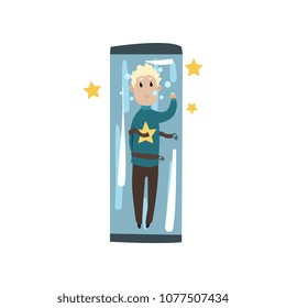 Illusionist locked inside glass box full of water. Magician showing dangerous trick. Flat vector design