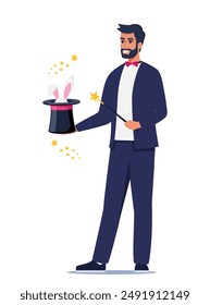 Illusionist, magician demonstrating trick and taking rabbit out of top hat. Concept of stage magic performance, magical illusion. Vector illustration for banner, poster