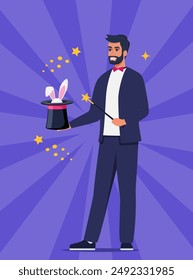 Illusionist, magician demonstrating trick and taking rabbit out of top hat. Concept of stage magic performance, magical illusion. Vector illustration for banner, poster