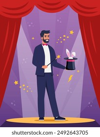 Illusionist, magician demonstrating trick and taking rabbit out of top hat. Concept of stage magic performance, magical illusion. Vector illustration for banner, poster