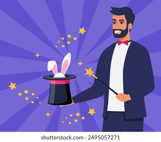 Illusionist, magician demonstrating trick and taking rabbit out of top hat. Concept of stage magic performance, magical illusion. Vector illustration for banner, poster