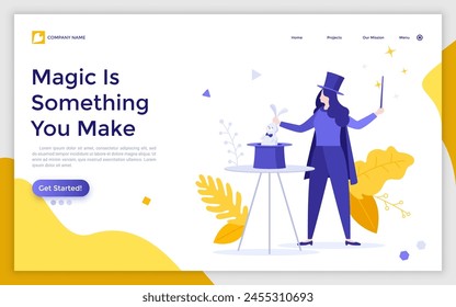 Illusionist, magician or prestidigitator demonstrating trick and taking rabbit out of top hat. Concept of stage magic performance, magical illusion. Modern flat vector illustration for landing page