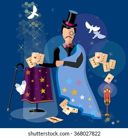 Illusionist magician shows tricks magic cards vector illustration 