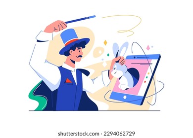 Illusionist magician takes hare out of mobile tablet screen. Technology and magic merge concept.