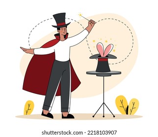 Illusionist on scene. Man in raincoat and hat with magic wand conjures rabbit. Fangtasia and imagination, mysticism and witchcraft. Entertainment and public show. Cartoon flat vector illustration