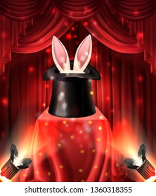 Illusionist performance, magical tricks with animals realistic vector concept. Hare or rabbit ears sticking out from black top hat standing on stand, covered red cape on illuminated stage illustration
