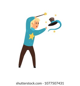 Illusionist performing focus with cylinder hat. Magician showing trick using magic stick. Flat vector design