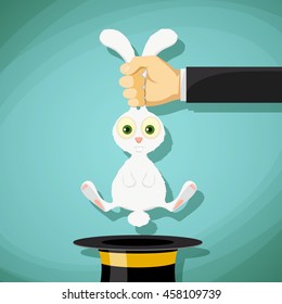 Illusionist pulls out a rabbit from a hat. Stock Vector cartoon illustration.