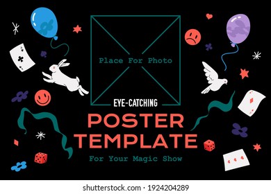 Illusionist Show Poster Template For Magic Show, Magic Tricks, Circus, Online Courses. Vector Colorful Clipart Isolated On Black Background.