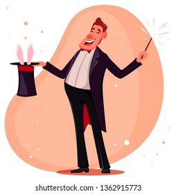 Illusionist shows magical tricks with magic wand and cylinder. Magician cartoon character. Vector illustration.