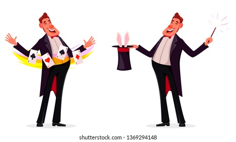 Illusionist shows magical tricks with playing cards and with magic wand and cylinder, set of two poses. Magician cartoon character. Vector illustration.