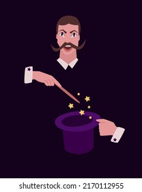 The illusionist shows a trick with a magic wand and a hat. Vector illustration, isolated elements on a dark background. Circus magician.