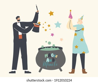 Illusionists Male and Female Characters Perform Tricks with Top Hat, Wand, Cauldron and Magic Spells. Miracle, Kids Party Entertainment, Big Top Circus Show. Cartoon People Vector Illustration