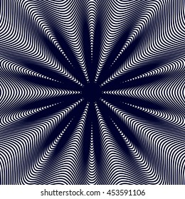 Illusive background with black chaotic lines, moire style. Contrast geometric trance pattern, optical vector backdrop. 