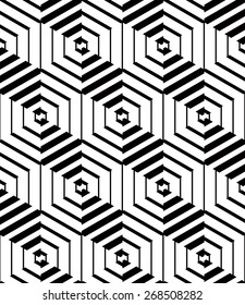 Illusive continuous monochrome pattern, decorative abstract background with 3d geometric figures. Contrast ornamental seamless backdrop, can be used for design and textile.