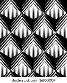 Illusive continuous monochrome pattern, decorative abstract background with 3d geometric figures. Contrast ornamental seamless backdrop, can be used for design and textile.