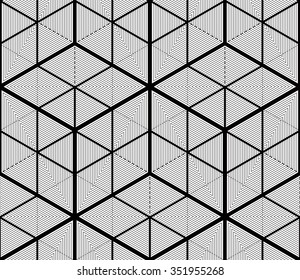 Illusive continuous monochrome pattern, decorative abstract background with 3d geometric figures. Contrast ornamental seamless wallpaper, can be used for design and textile.
