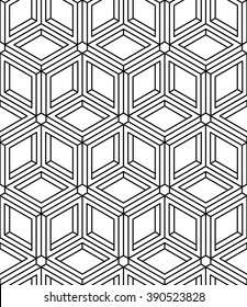 Illusive continuous monochrome pattern, decorative abstract background with 3d geometric figures. Contrast ornamental seamless backdrop, can be used for design and textile.